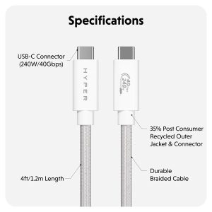 Cáp USB4 HyperDrive 1.2m  USB-C TO USB-C Xuất Màn Hình 8K/60hz -4K/144hz
